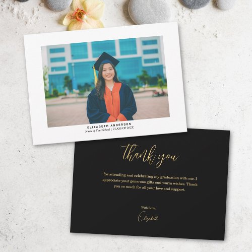 Black and Gold Script Graduate Photo Graduation Thank You Card
