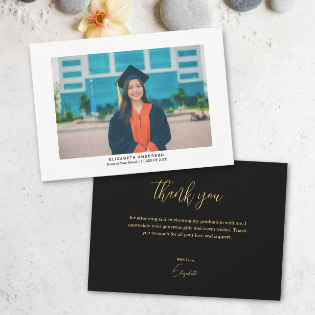 Black and Gold Script Graduate Photo Graduation Thank You Card | Zazzle