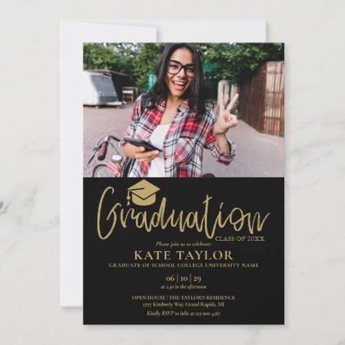 Black And Gold Script Graduation Party 2 Photo Invitation