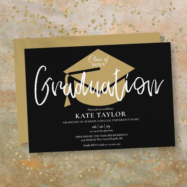 Black And Gold Script Graduation Party Invitation (Black And Gold Script Graduation Party Invitation)