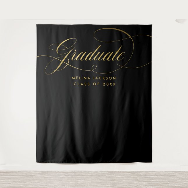 Black and Gold Script Graduation Photo Backdrop (Front)