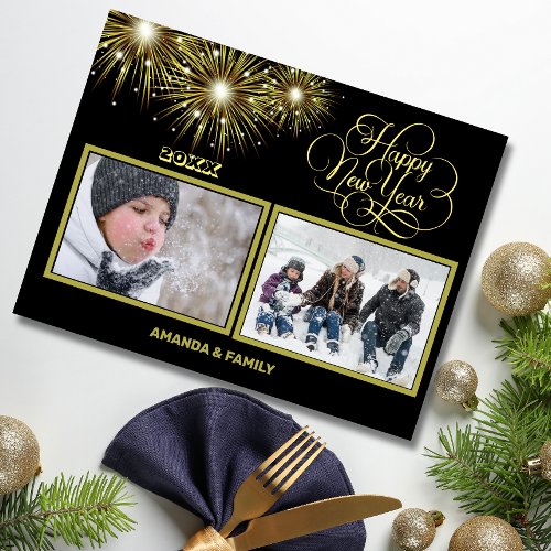 Black and gold Script Happy New year Holiday Postcard