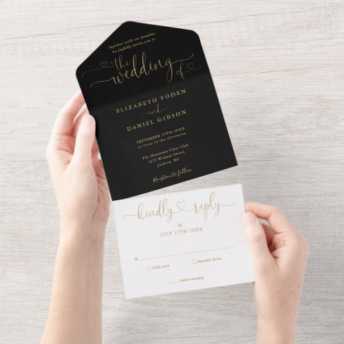 Black And Gold Script Hearts Minimalist Wedding Al All In One Invitation - All in one wedding invitation featuring elegant gold hearts script typography and monogram initials on a black background. The invitation includes a perforated RSVP card that’s can be individually addressed or left blank for you to handwrite your guest's address details. Designed by Thisisnotme©
