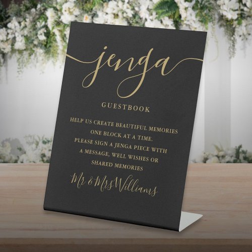 Black And Gold Script Jenga Wedding Guestbook Pedestal Sign