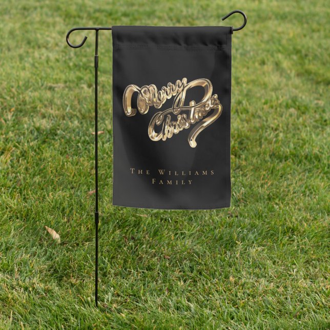 Black and Gold Script Merry Christmas Garden Flag (In SItu)