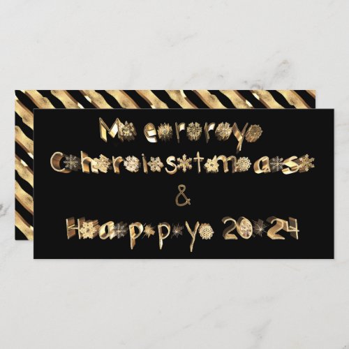 Black and Gold Script Merry Christmas Happy 2024 Holiday Card