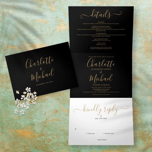 Black And Gold Script Minimalist Photo Wedding Tri_Fold Invitation