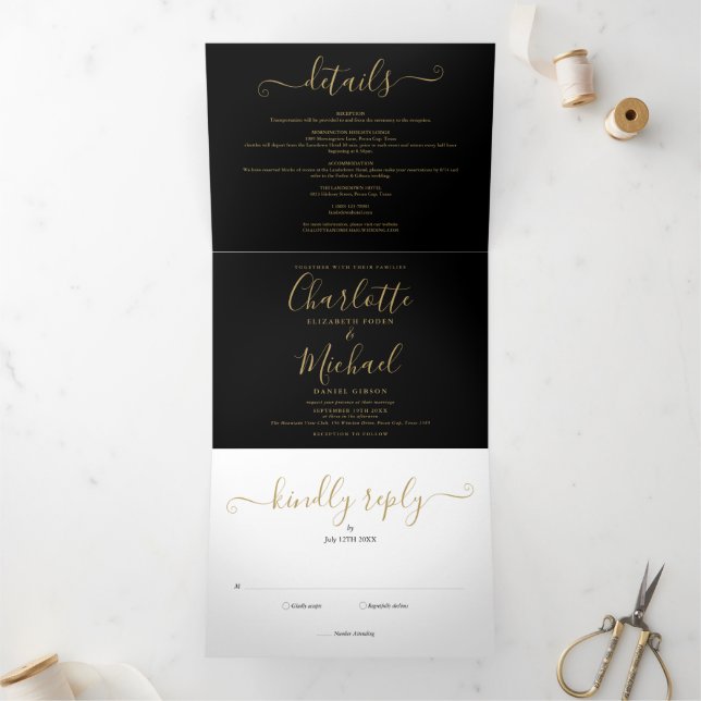 Black And Gold Script Minimalist Photo Wedding Tri-Fold Invitation (Inside)