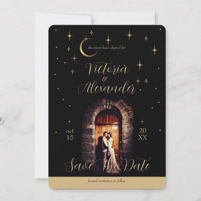 Black and Gold Script Modern Moody Whimsigoth  Save The Date (Front)