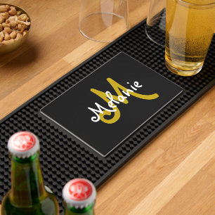 Black and Gold Script Monogram Bar Mat