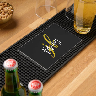 Black and Gold Script Monogram Bar Mat