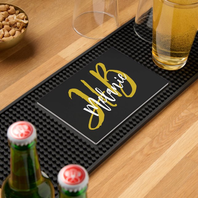 Black and Gold Script Monogram Bar Mat (Insitu (Bar 2))