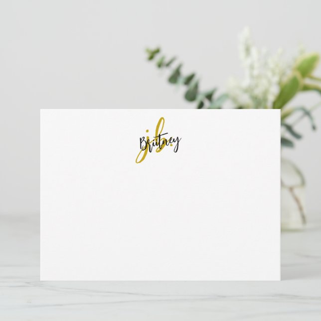 Black and Gold Script Monogram Note Card (Standing Front)