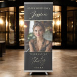 Black and Gold Script Photo 30th Birthday Retractable Banner<br><div class="desc">Make a bold statement with the Black and Gold Script Photo 30th Birthday Retractable Banner! This sleek and stylish banner features elegant black and gold script, customizable with a favorite photo and personalized text. Perfect for setting the tone at any 30th birthday celebration, it adds a touch of sophistication to...</div>