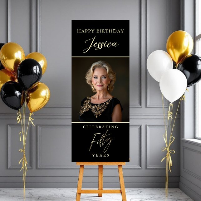 Black and Gold Script Photo 50th Birthday Foam Board (Creator Uploaded)