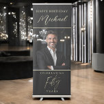 Black and Gold Script Photo 50th Birthday Retractable Banner<br><div class="desc">Make a bold statement with the Black and Gold Script Photo 50th Birthday Retractable Banner! This sleek and stylish banner features elegant black and gold script, customizable with a favorite photo and personalized text. Perfect for setting the tone at any 50th birthday celebration, it adds a touch of sophistication to...</div>