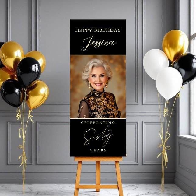 Black and Gold Script Photo 60th Birthday Foam Board (Creator Uploaded)