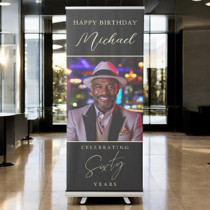 Black and Gold Script Photo 60th Birthday Retractable Banner