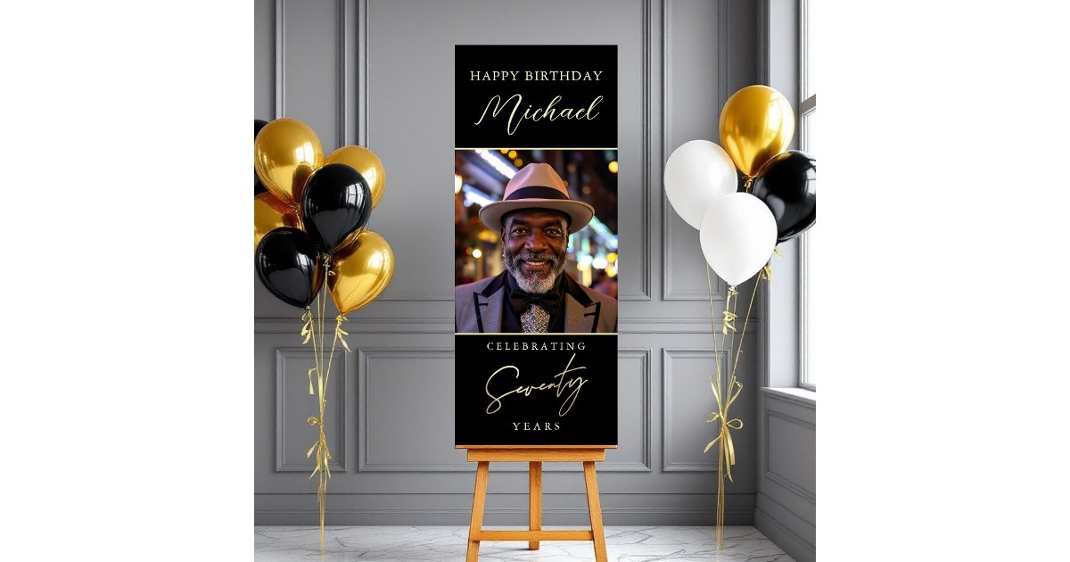 Black and Gold Script Photo 70th Birthday Foam Board | Zazzle