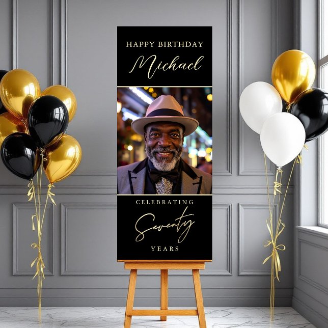 Black and Gold Script Photo 70th Birthday Foam Board (Creator Uploaded)