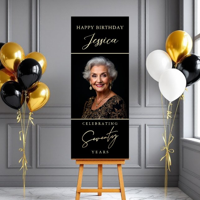 Black and Gold Script Photo 70th Birthday Foam Board (Creator Uploaded)