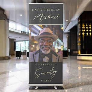 Black and Gold Script Photo 70th Birthday Retractable Banner