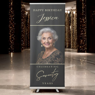 Black and Gold Script Photo 70th Birthday Retractable Banner