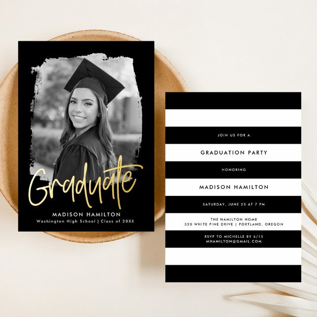Black and Gold Script Photo Graduation Party Foil Invitation (Creator Uploaded)