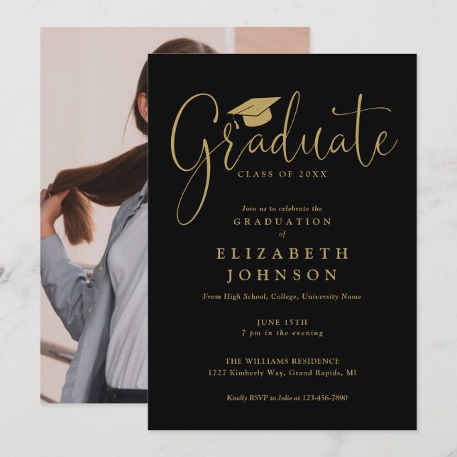 Black And Gold Script Photo Graduation Party Invitation (Front/Back)