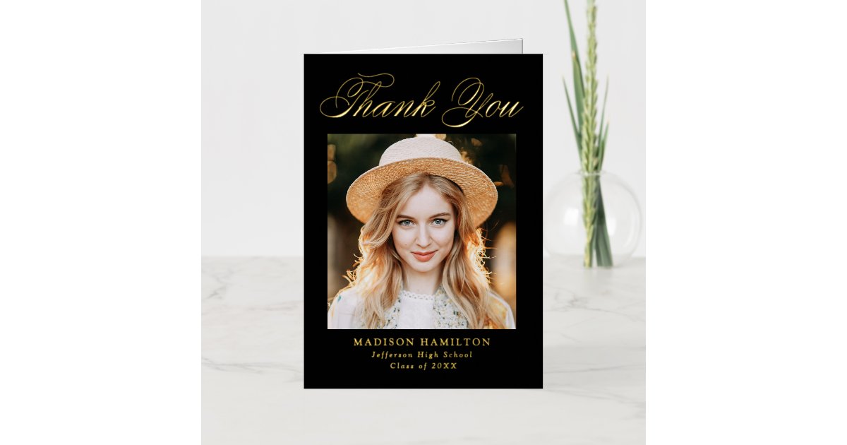 Black and Gold Script Photo Graduation Thank You Foil Greeting Card ...