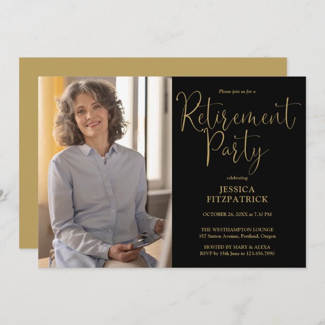 Black And Gold Script Photo Retirement Party Invitation (Front/Back)