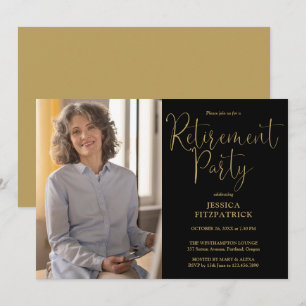 Black And Gold Script Photo Retirement Party Invitation