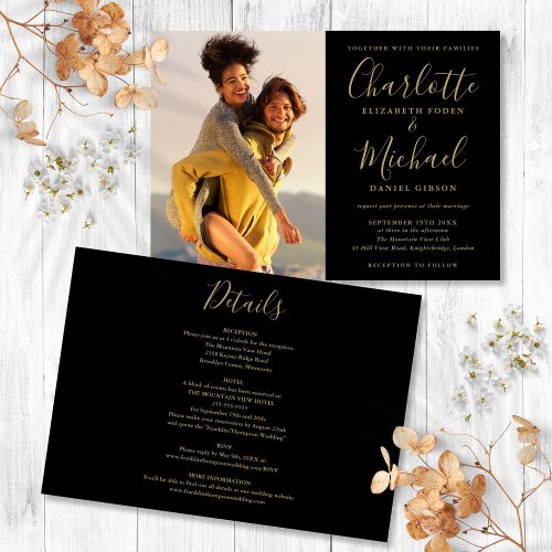 Black And Gold Script Photo Wedding All In One Invitation