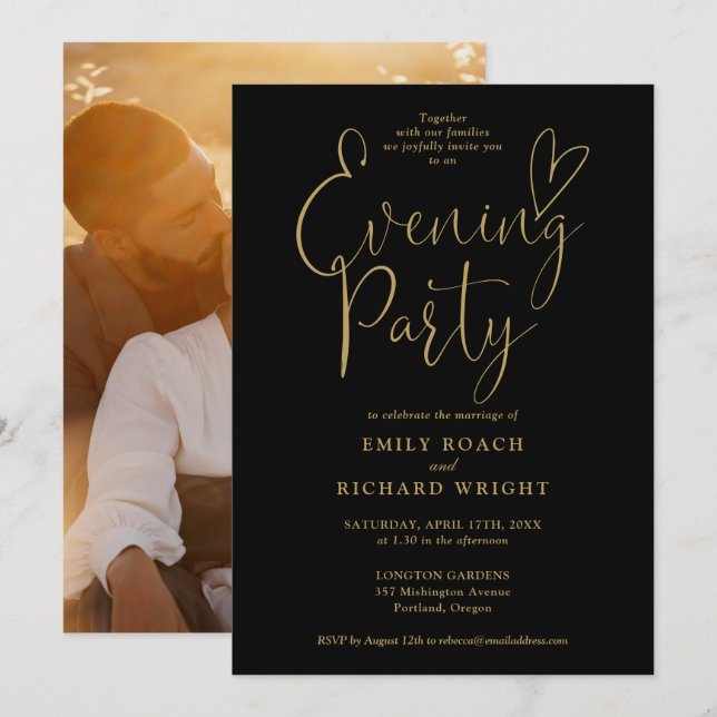 Black And Gold Script Photo Wedding Evening Party Invitation (Front/Back)