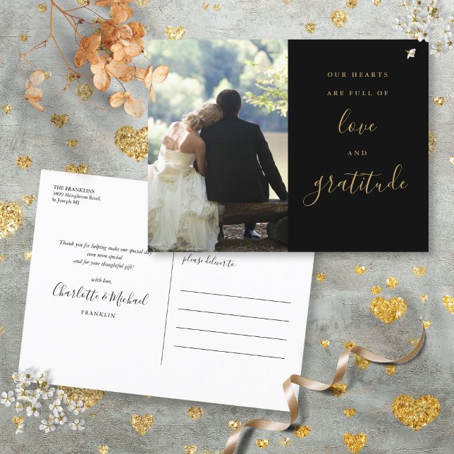 Black And Gold Script Photo Wedding Thank You Postcard (Black And Gold Script Photo Wedding Thank You Postcard)