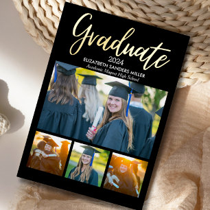 Black and Gold Script photos collage for graduated Foil Invitation