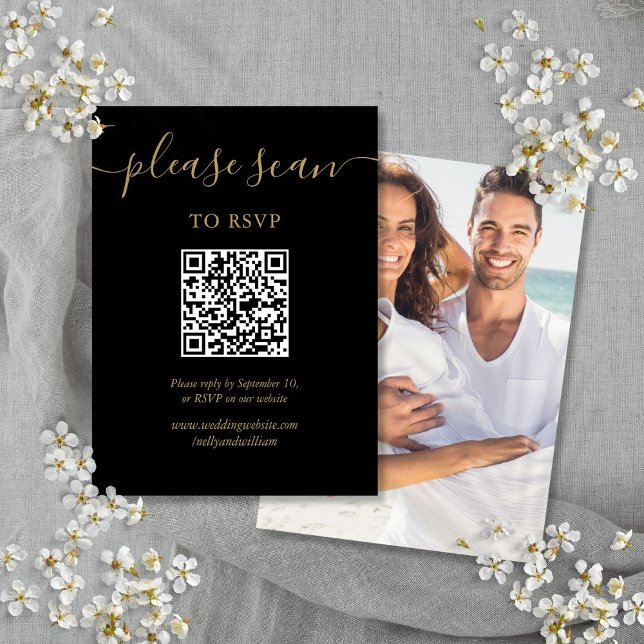 Black And Gold Script RSVP QR Code Photo Enclosure Card (Black And Gold Script RSVP QR Code Photo Enclosure Card)