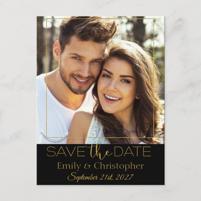 Black and Gold Script Save the Date Photo Card (Front)