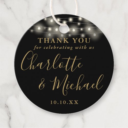 Black And Gold Script String Lights Thank You Favor Tags