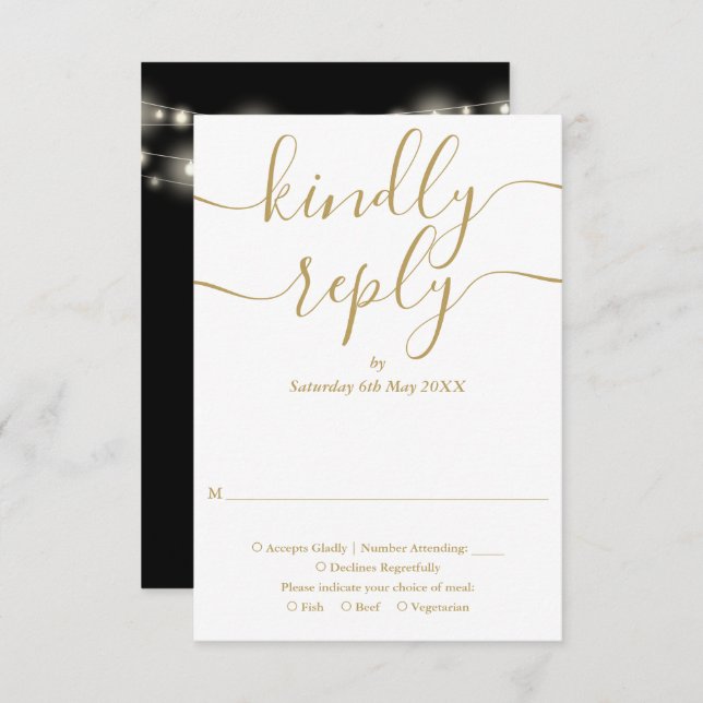 Black And Gold Script String Lights Wedding RSVP Card (Front/Back)