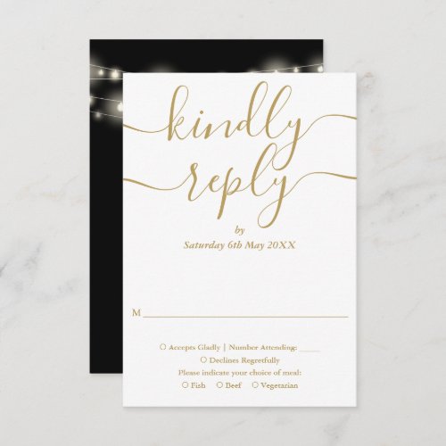 Black And Gold Script String Lights Wedding RSVP Card