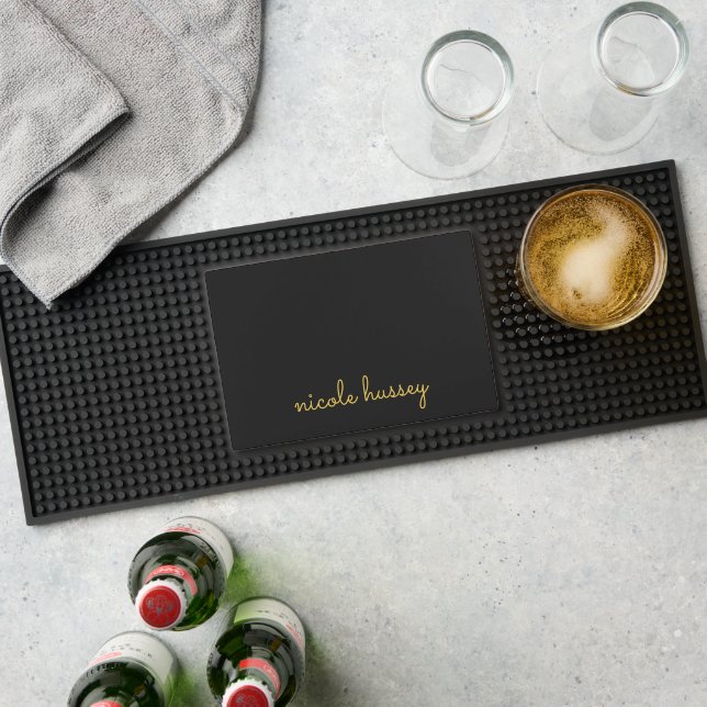 Black and Gold Script  | Stylish Monogram Modern Bar Mat (Insitu (Bar 1))