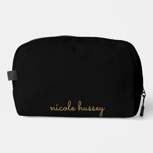Black and Gold Script  | Stylish Monogram Modern Dopp Kit (Front)