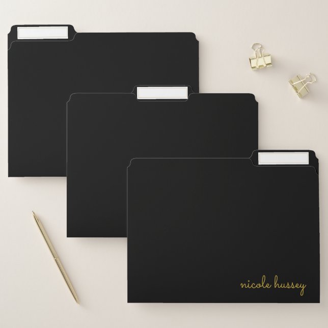 Black and Gold Script  | Stylish Monogram Modern File Folder (Set)