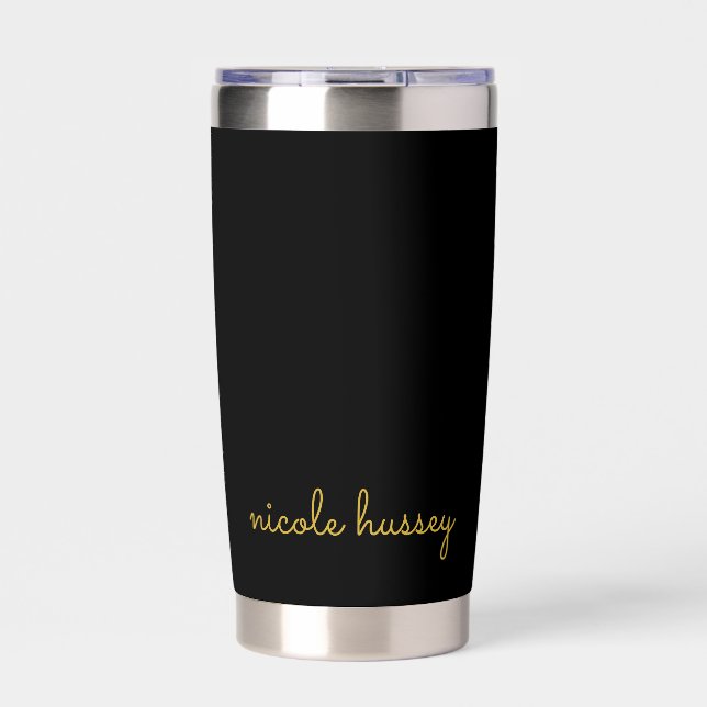 Black and Gold Script  | Stylish Monogram Modern Insulated Tumbler (Front)