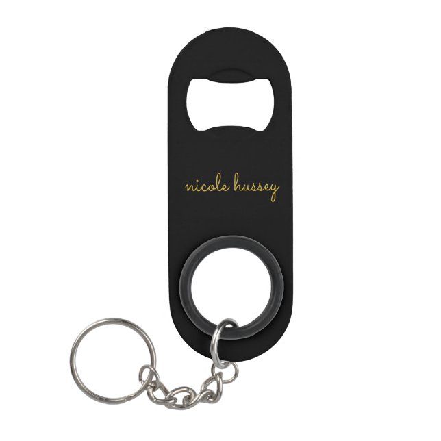 Black and Gold Script  | Stylish Monogram Modern Keychain Bottle Opener (Front)