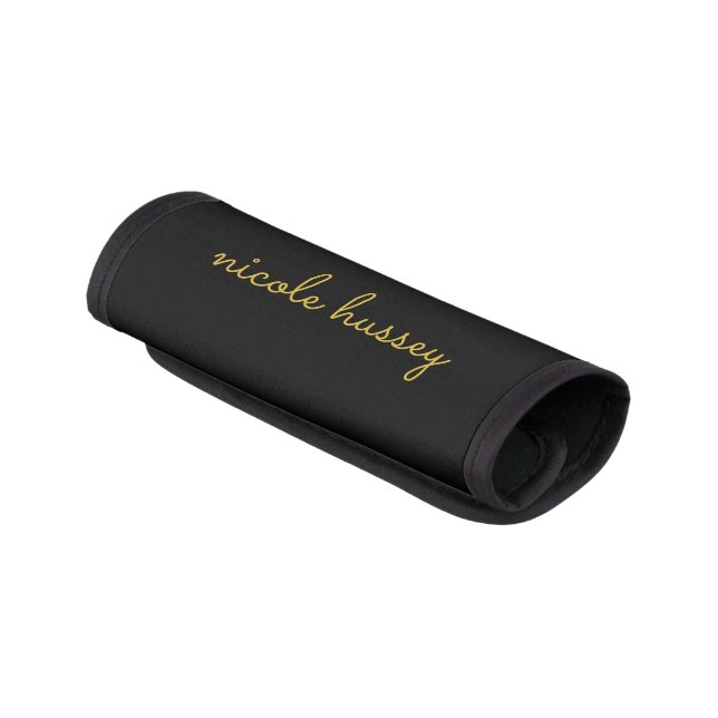 Black and Gold Script  | Stylish Monogram Modern Luggage Handle Wrap (Angled)