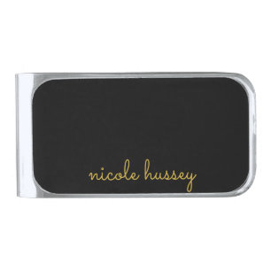 Black and Gold Script    Stylish Monogram Modern Silver Finish Money Clip