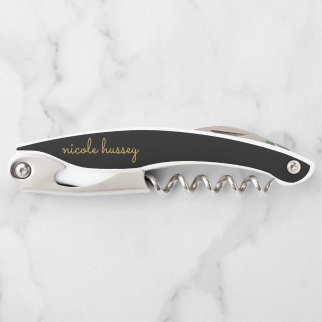 Black and Gold Script  | Stylish Monogram Modern Waiter's Corkscrew (Front)