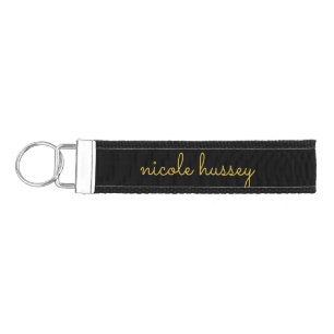 Black and Gold Script    Stylish Monogram Modern Wrist Keychain